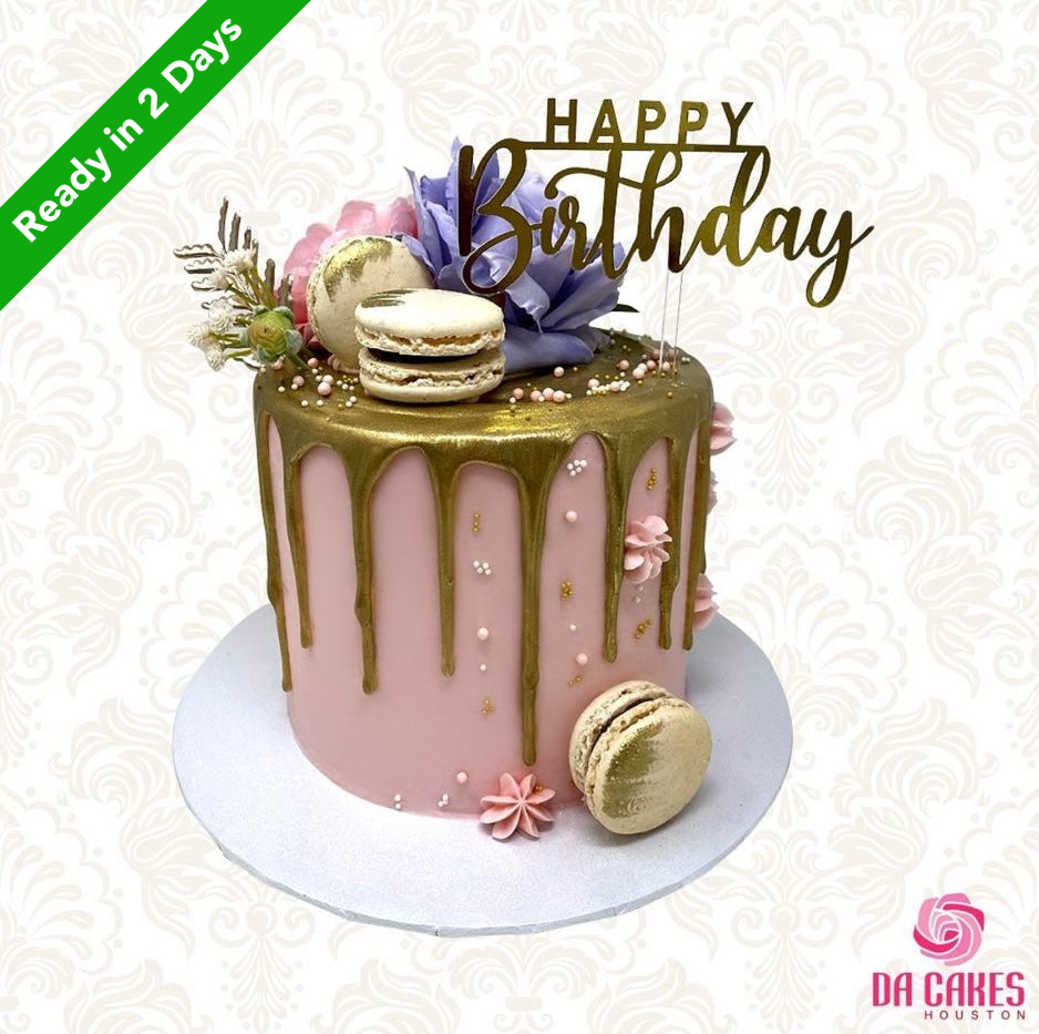 Gold leaf macaron and chocolate coated strawberry buttercream cake, Cake  Decorating