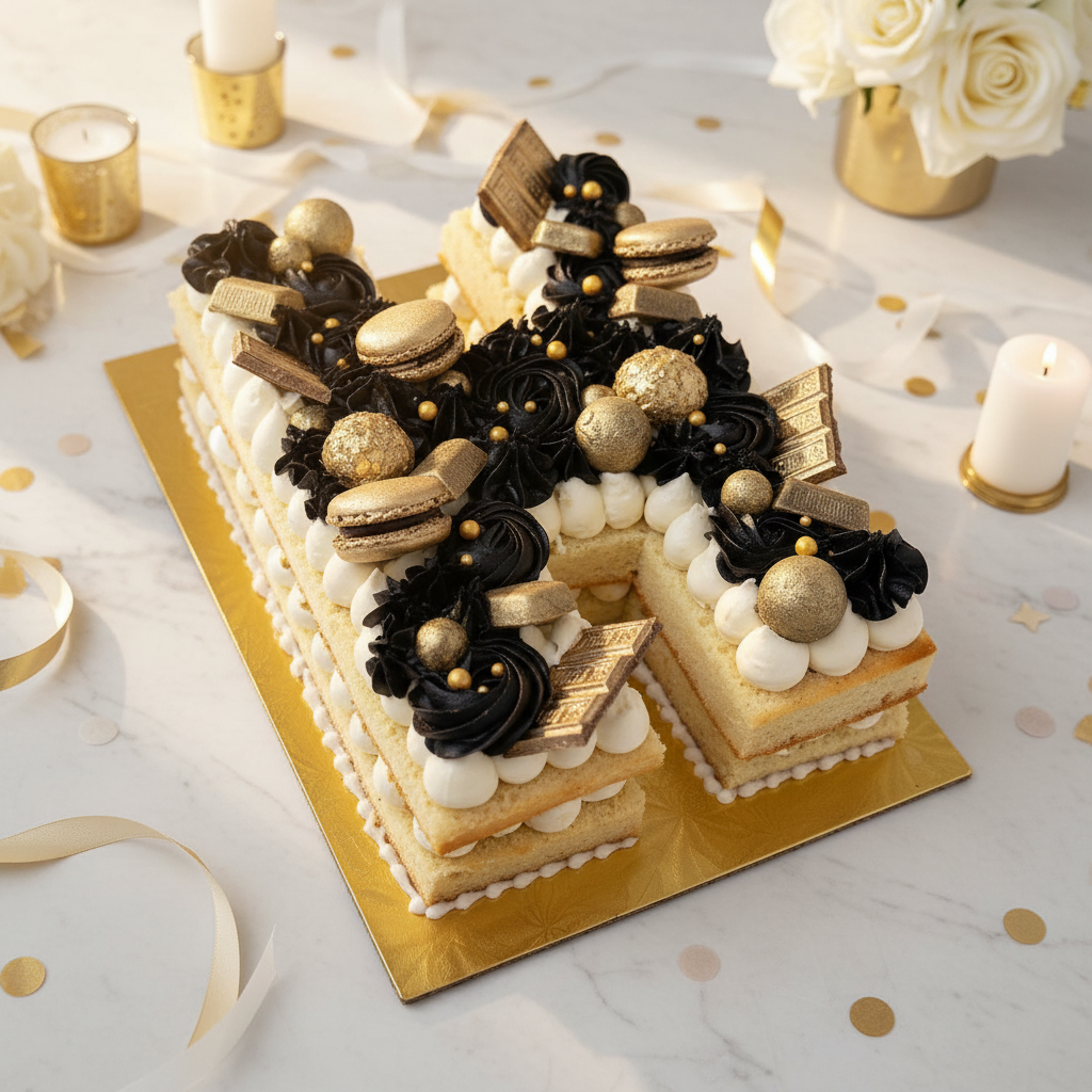 Number/Letter Cake with Metallic Macarons and Chocolate Candies (Same Day)