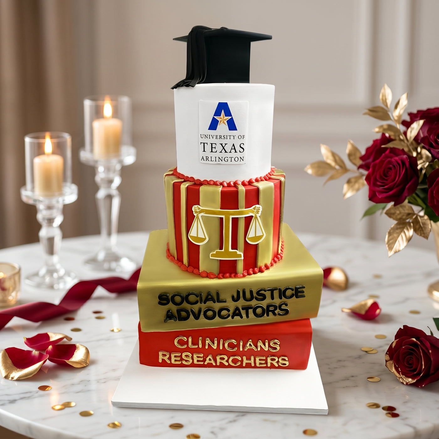 Cake of Academic Achievement (Red and Gold)- 4 Tier – Da Cakes Houston