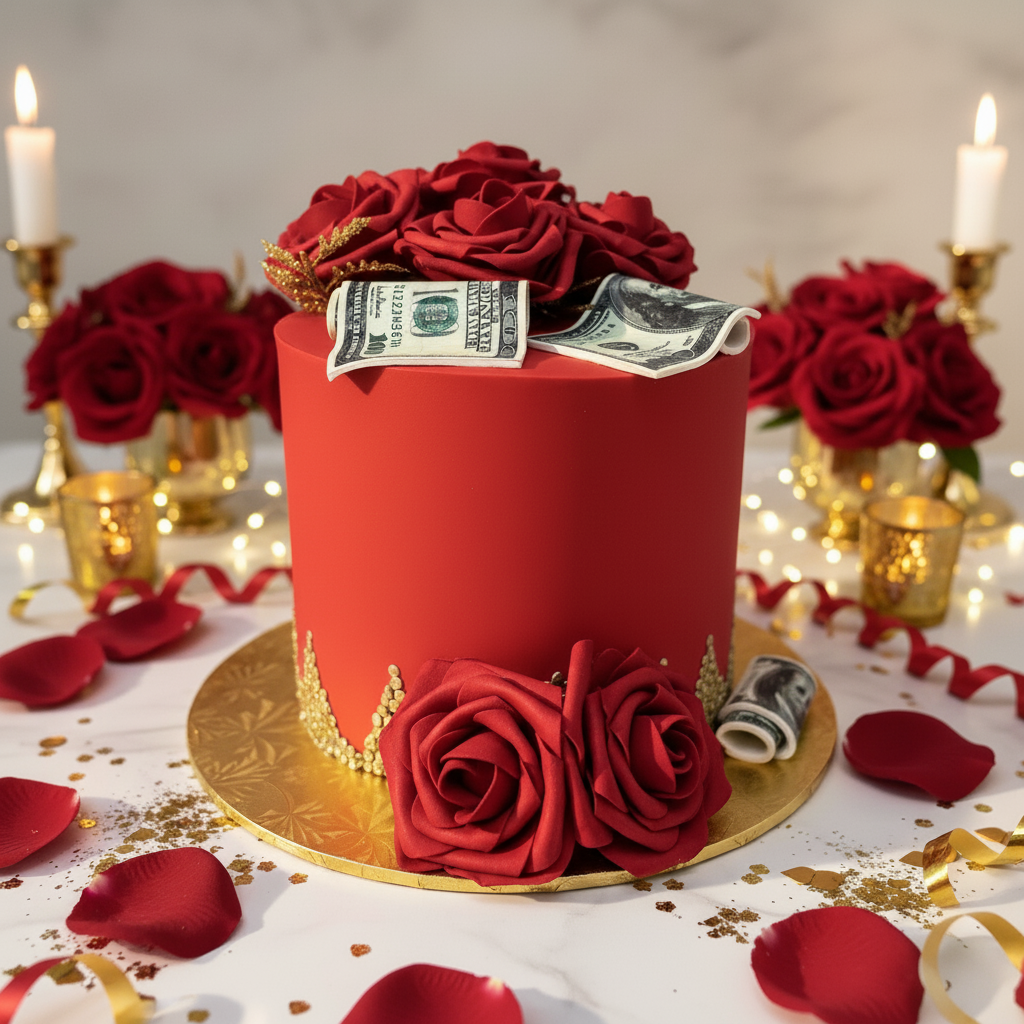 Red Roses Money Bills Cake