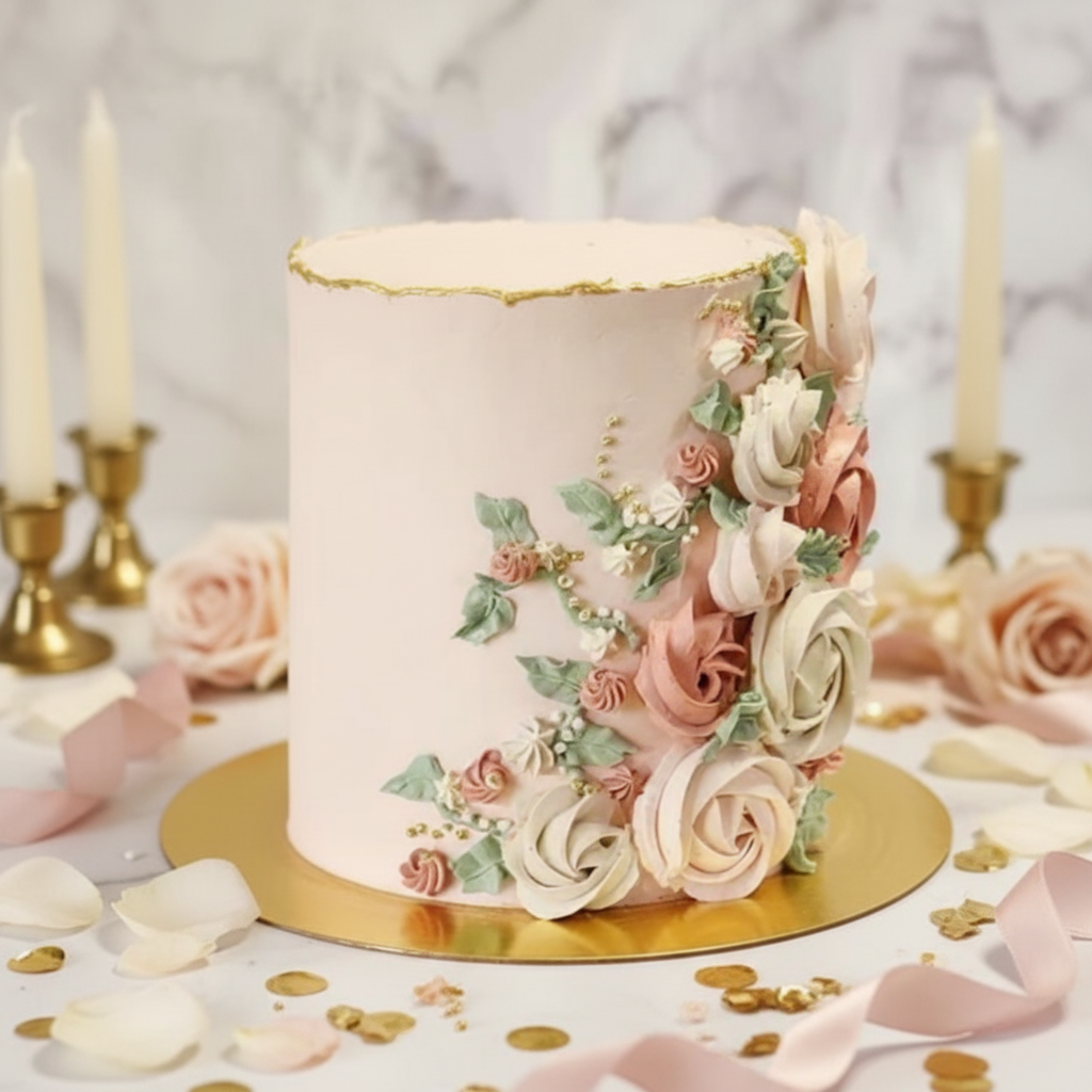 Elegant Flowers Neutral Cake – Da Cakes Houston