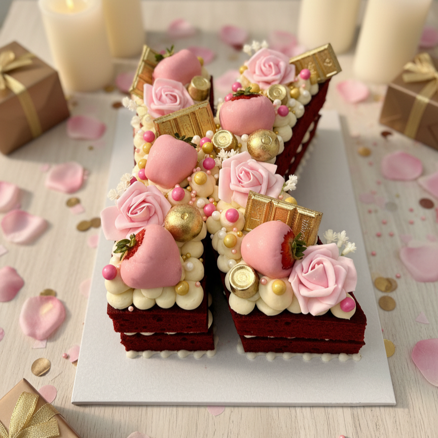 Number/Letter Cake with gold candies and chocolate dipped strawberries.