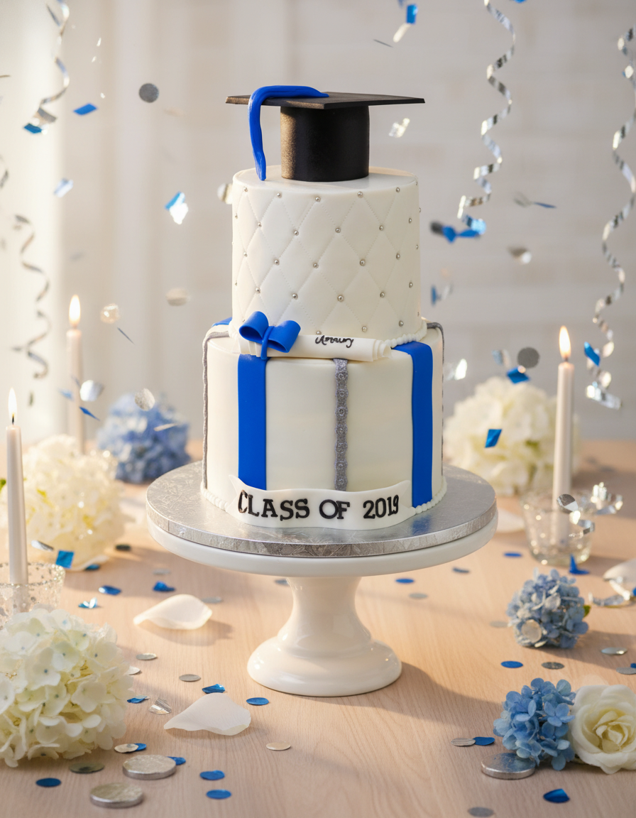 Blue and Silver Graduation Cake