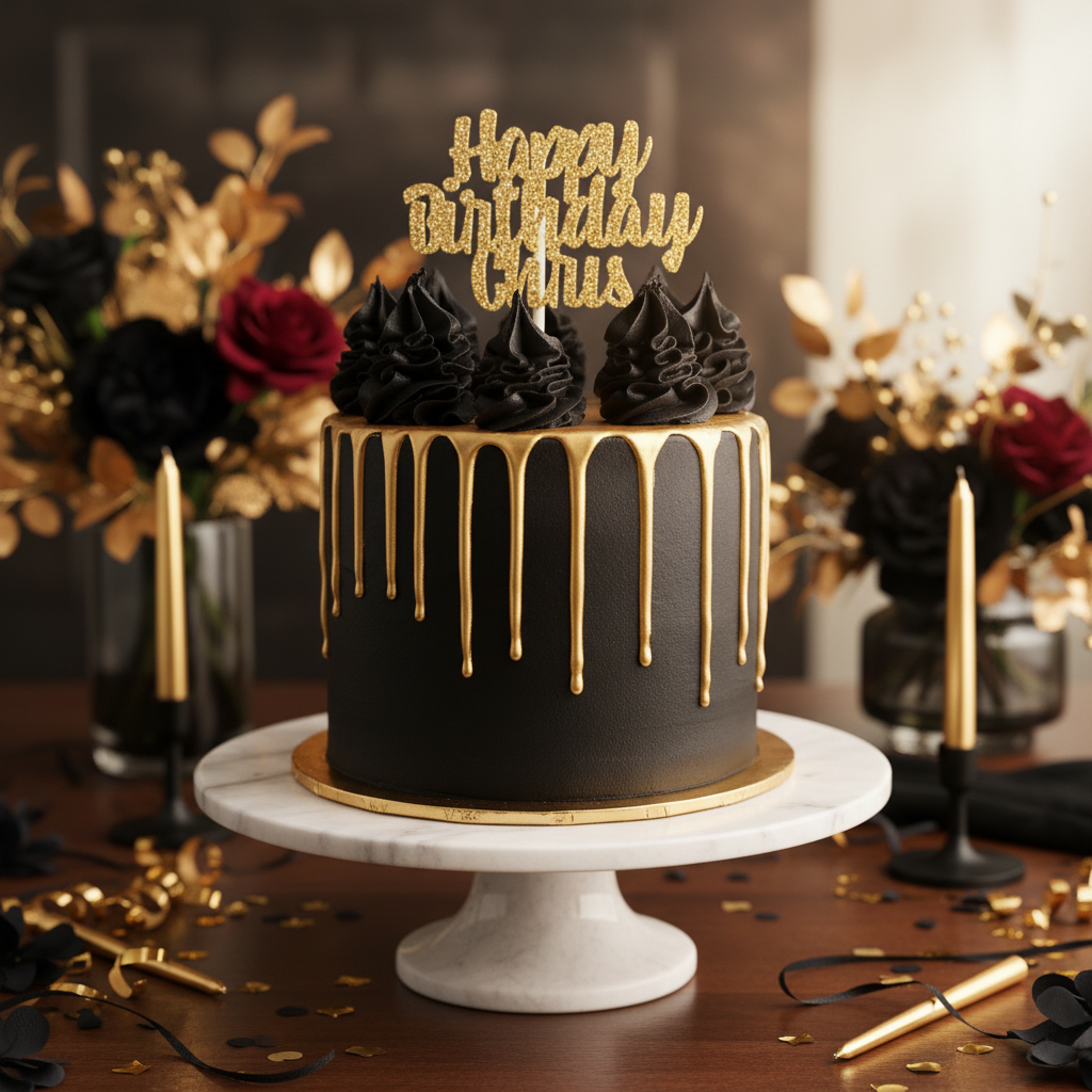 Black cake with gold drip