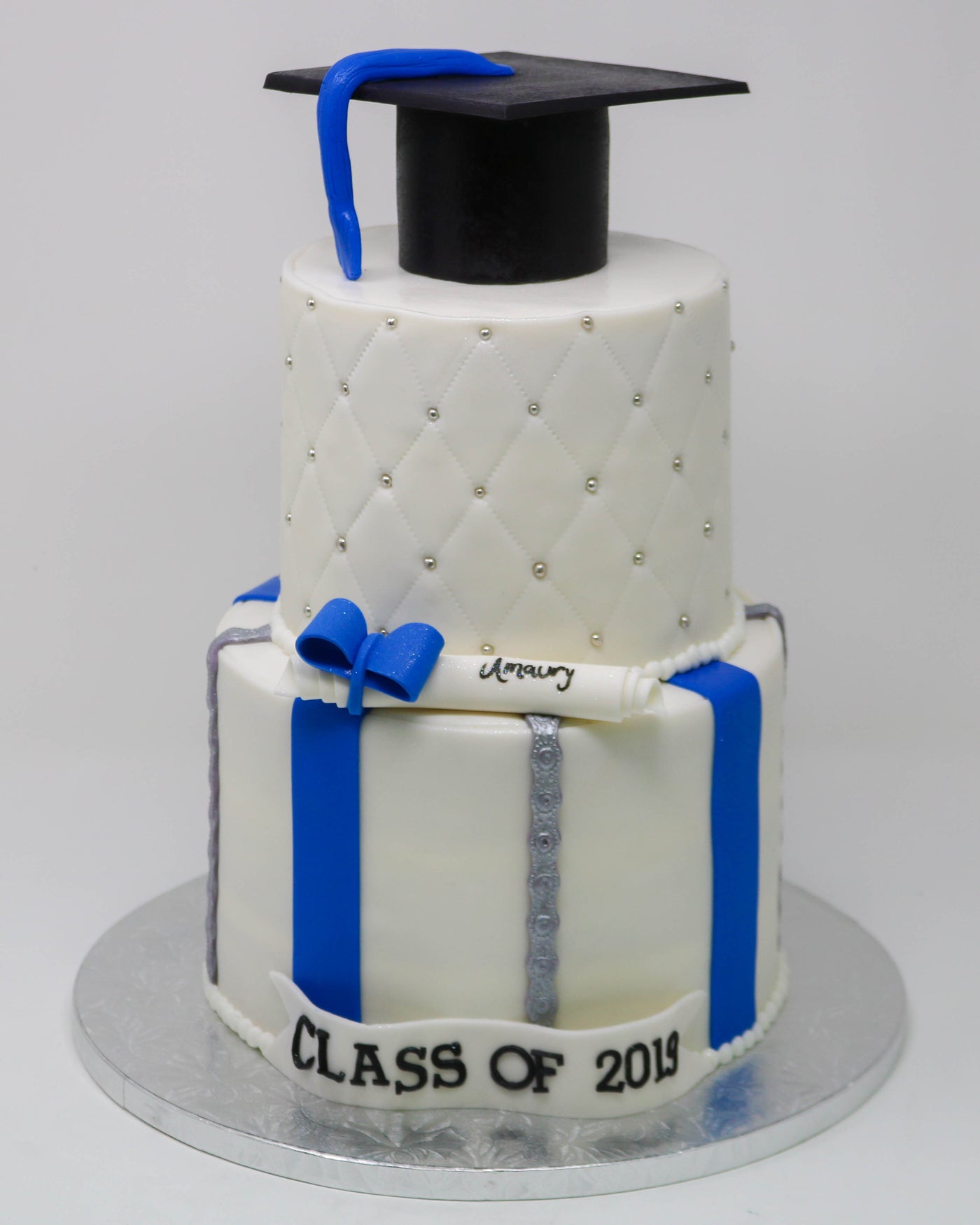 Blue and Silver Graduation Cake