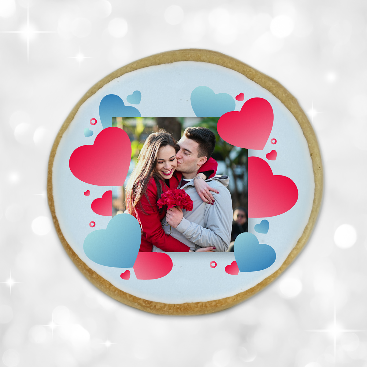 Custom Valentine's Day Pink and Blue Heart Frame Photo Round Cookies