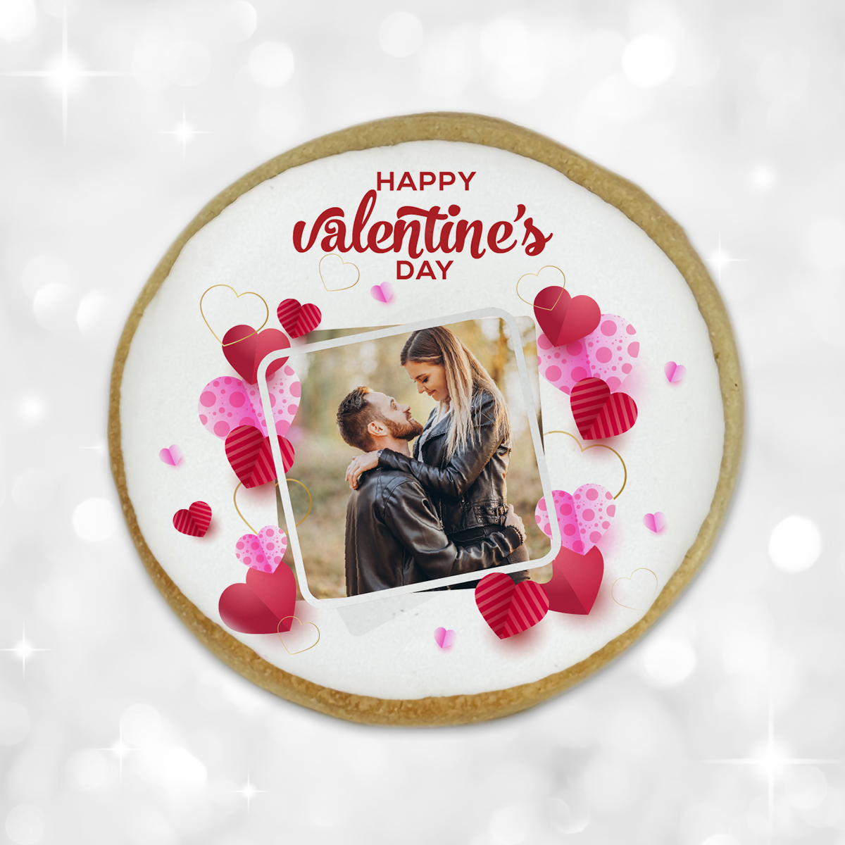 Custom Valentine's Day Portrait Frame with Heart Red and Pink Photo Round Cookies
