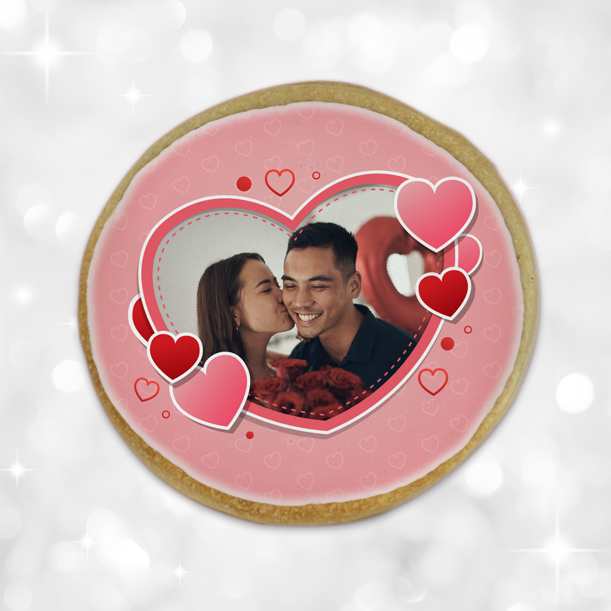 Custom Valentine's Day Photo Frame with Red and Pink Hearts Round Cookies
